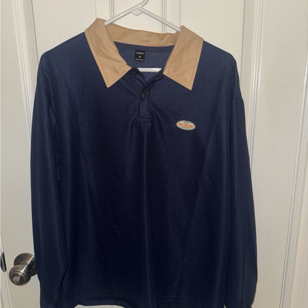 Navy and Tan Long Sleeve Polo Shirt